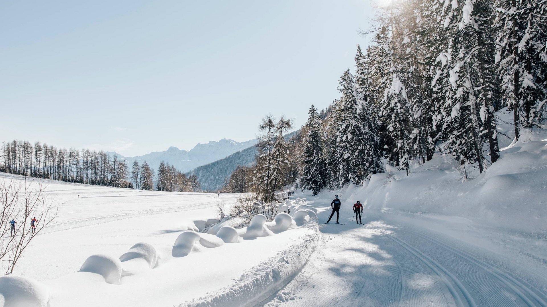 Unsere liebsten Ausflugsziele rund um Natz-Schabs Langläufer auf verschneiter Loipe im sonnigen Winterwald